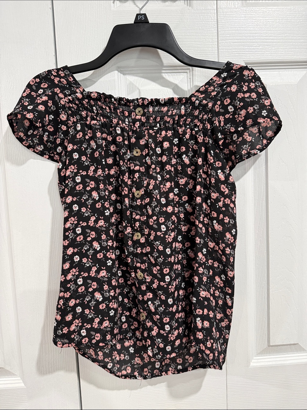 No Boundaries Black Top with Pink Floral Button Front